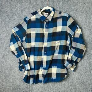 Woolrich Snap Up L/S Shirt Blue Black Indian Plaid Check Cotton Flannel Mens L